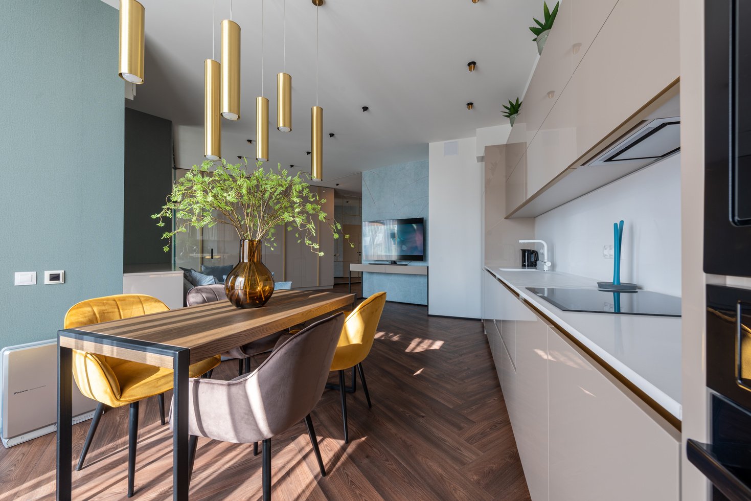 Table with flowers in kitchen